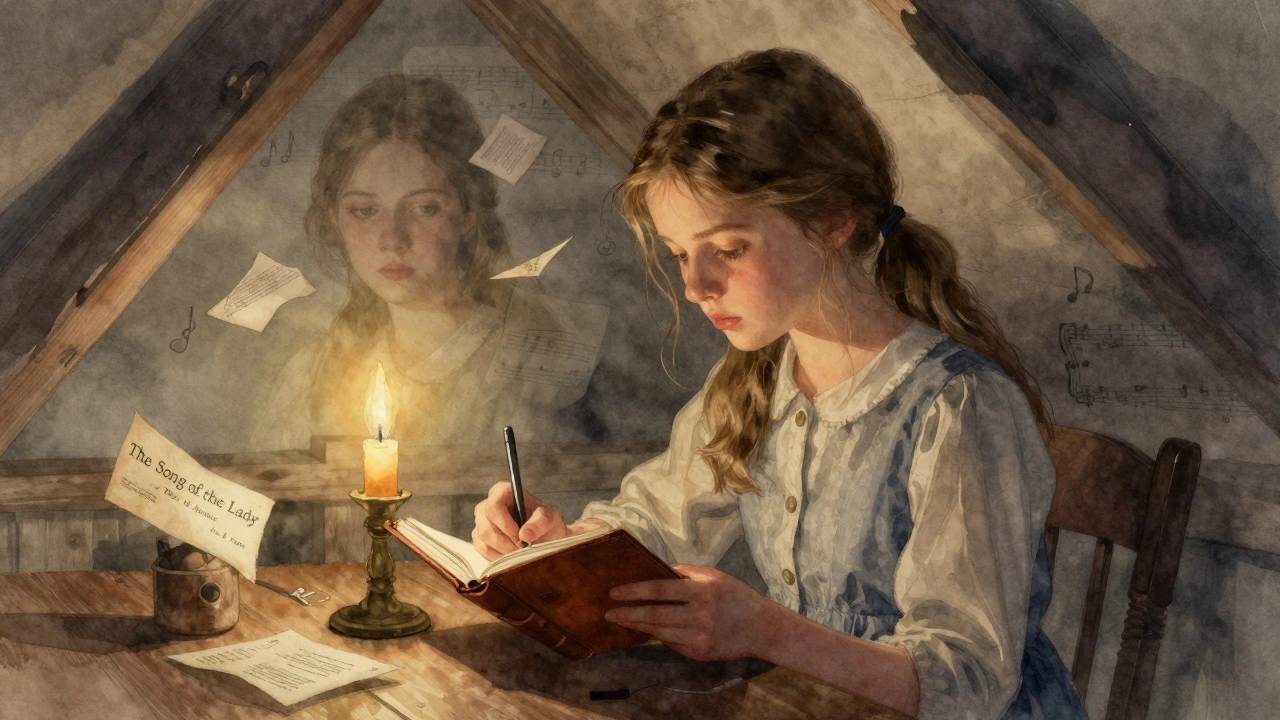 Девочка пишет в дневнике в полумраке, вокруг неё парят образы мамы и музыкальные ноты.