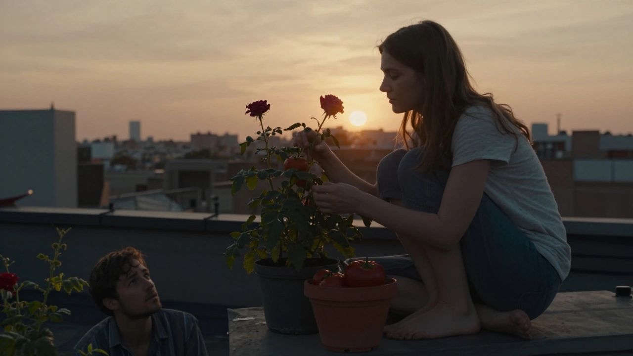 Девушка на крыше садится рядом с цветком на закате, город за ней — в тумане.