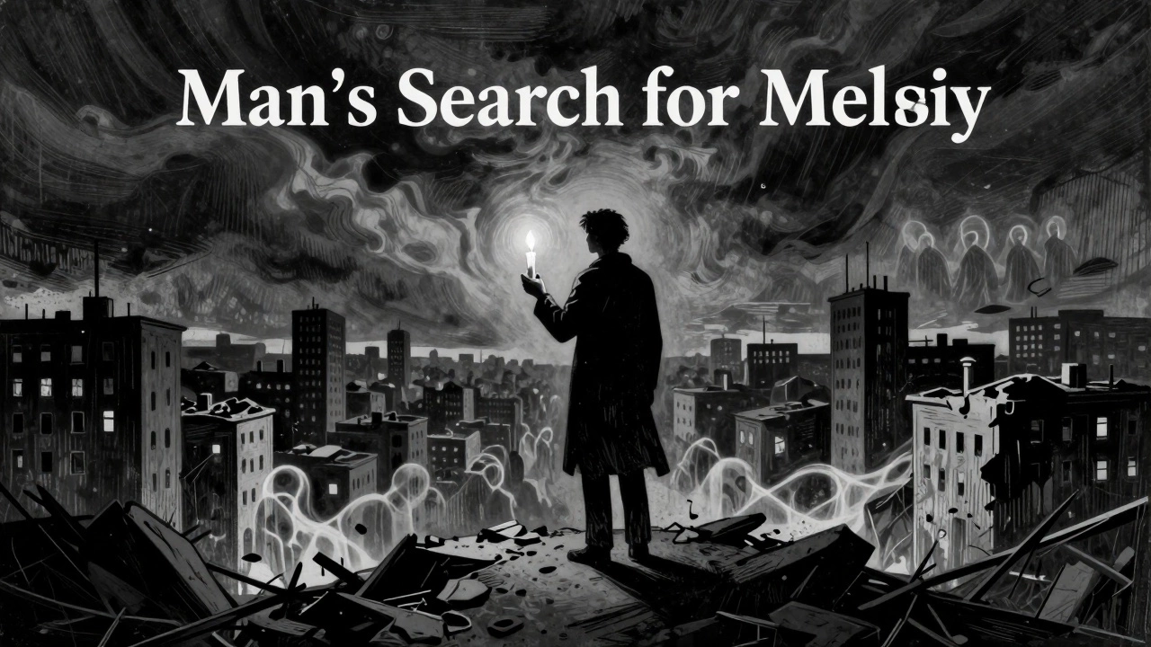 Фигура с свечой в разрушающемся городе, тени заключённых на фоне