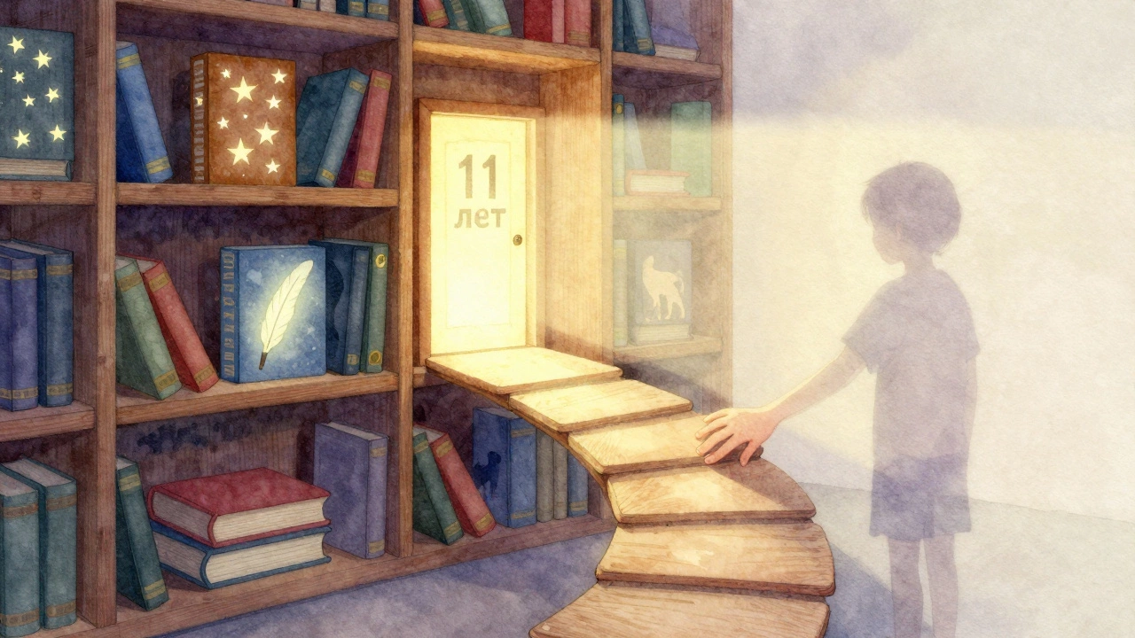 Книжная полка в виде дорожки к двери с надписью '11 лет', ребёнок тянется к ней.