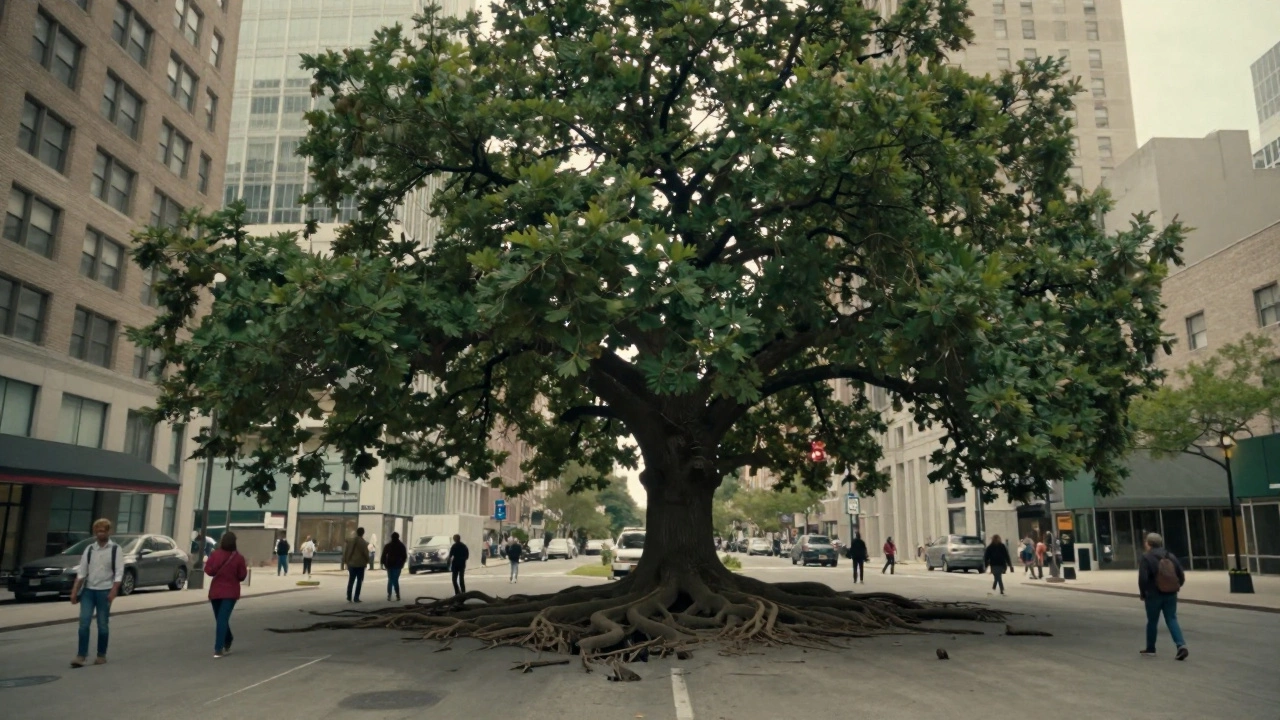 Огромное дерево в центре города, люди проходят мимо, не замечая его