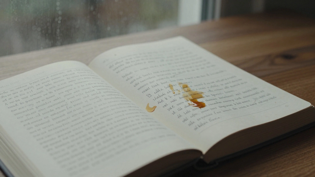 Открытая книга на деревянном столе с каплей слёзы на странице и отражением дождевого окна.