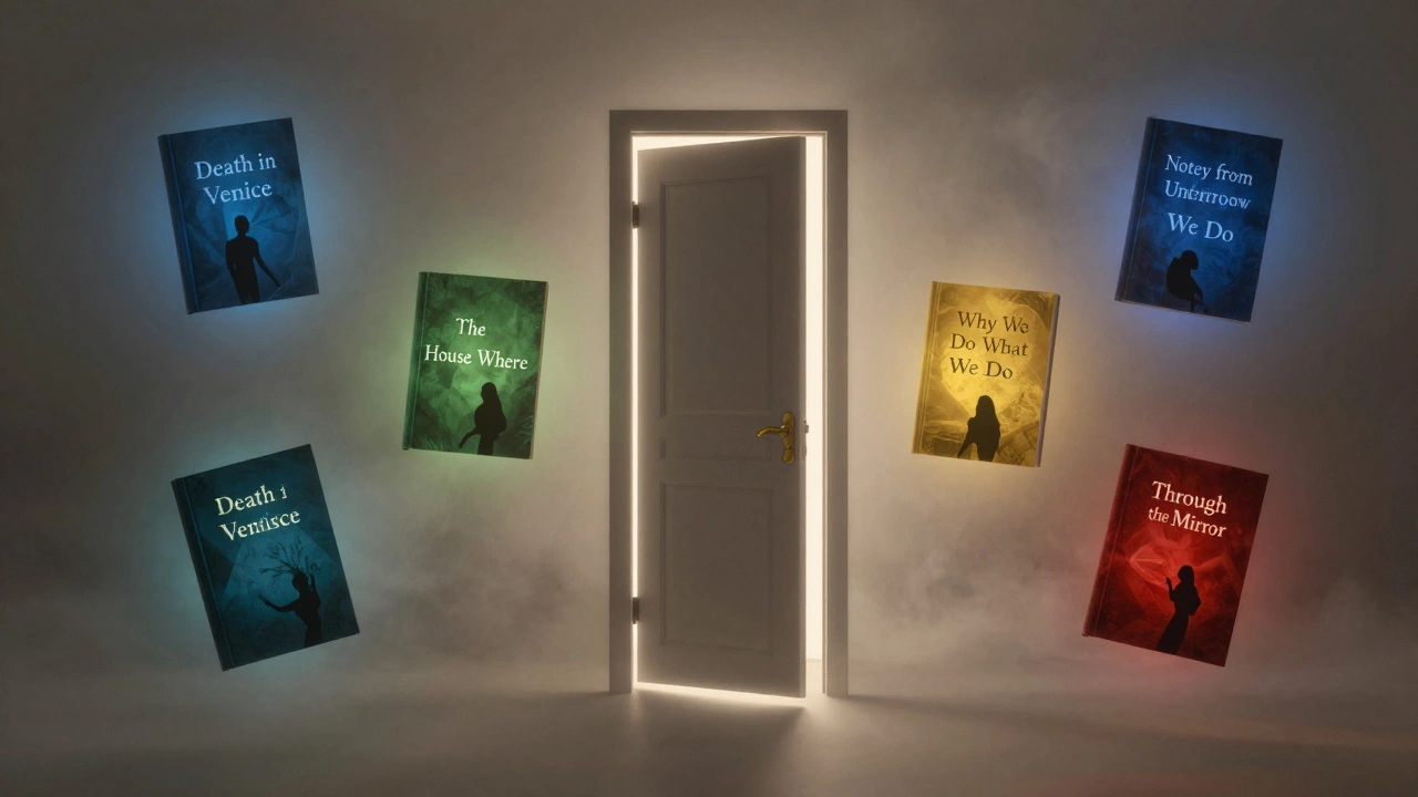 Плавающая дверь, из которой светится внутренний свет, вокруг неё — пять книг, излучающих разные цвета.