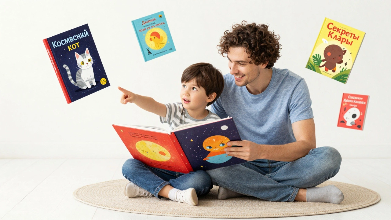 Ребёнок и взрослый вместе читают книгу о космическом коте, вокруг парят обложки других книг.