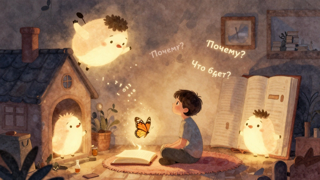 Ребёнок сидит среди оживших персонажей из книг, волшебный свет и слова 'Почему?' в воздухе.