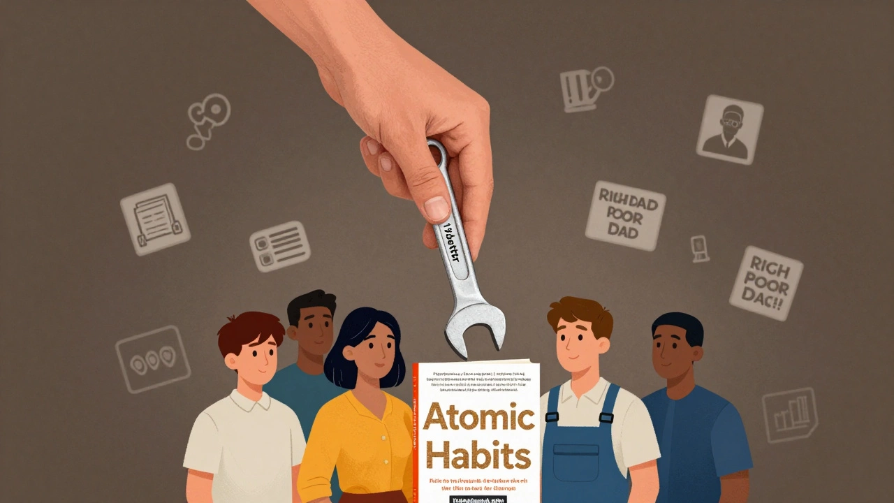 Рука кладёт инструмент '1% лучше' в грудь человека, символизируя действие через книги