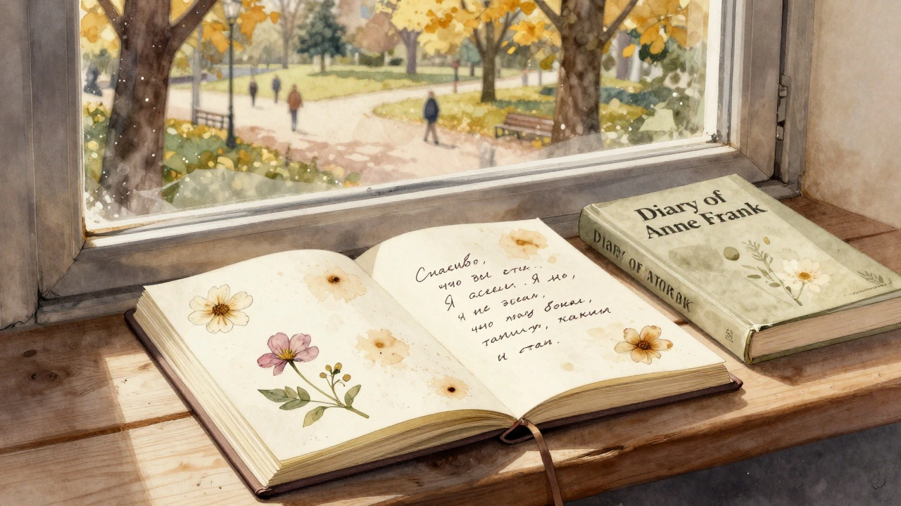 Рукописный дневник с записью благодарности лежит на подоконнике рядом с книгой 'Дневник Анны Франк'.