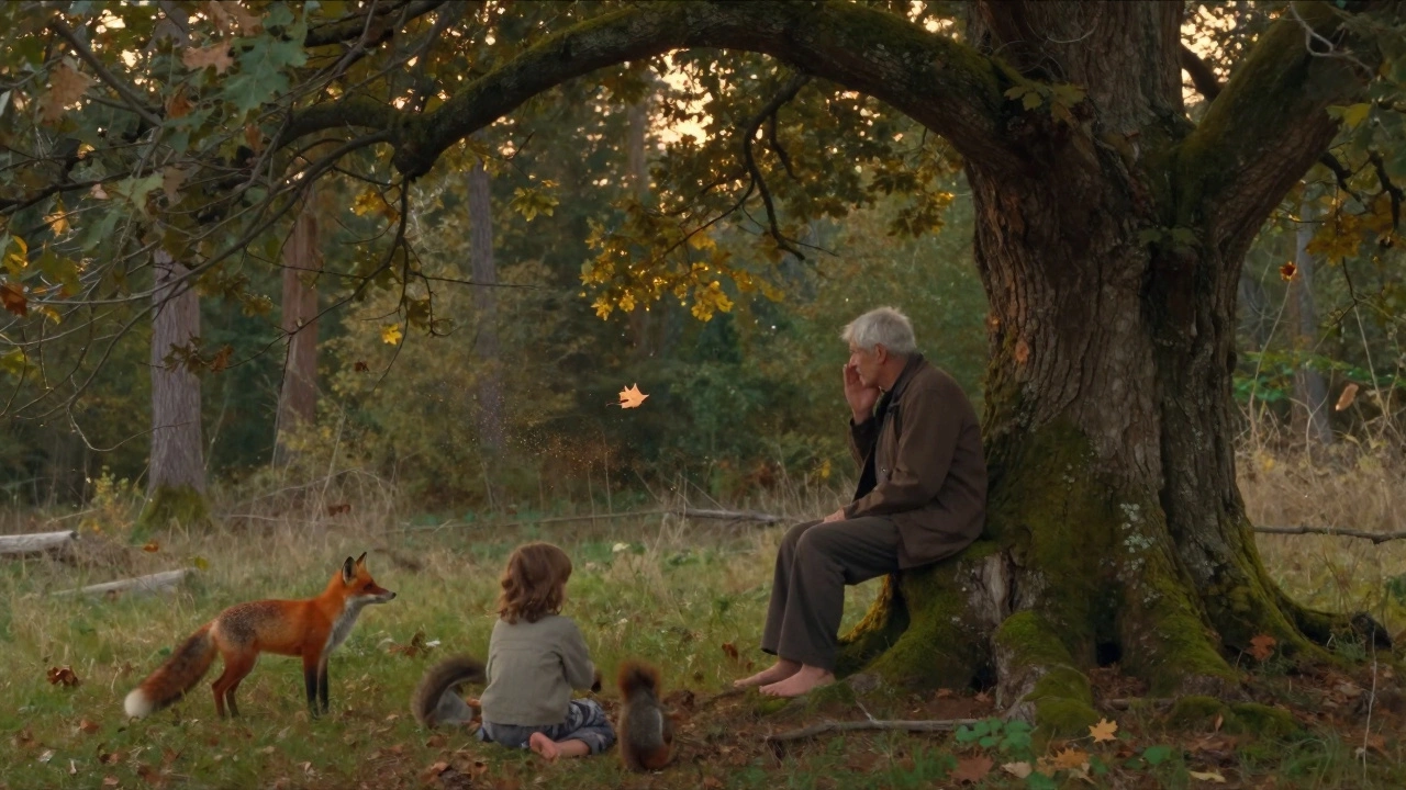 Старик разговаривает с деревом в лесу, вокруг — дети и животные в тихом сумеречном свете.